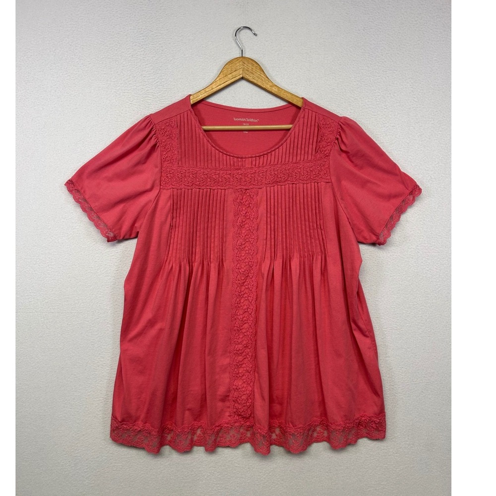 Boho Cottagecore Woman Within Womens 18/20 Coral Pink Lace Pintuck Blouse